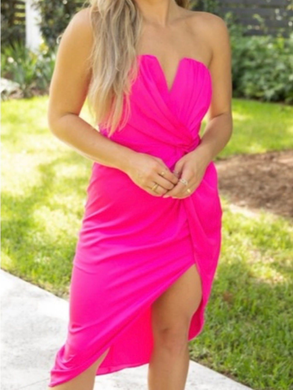 DO+BE Hot Pink Strapless Ruched Midi Dress